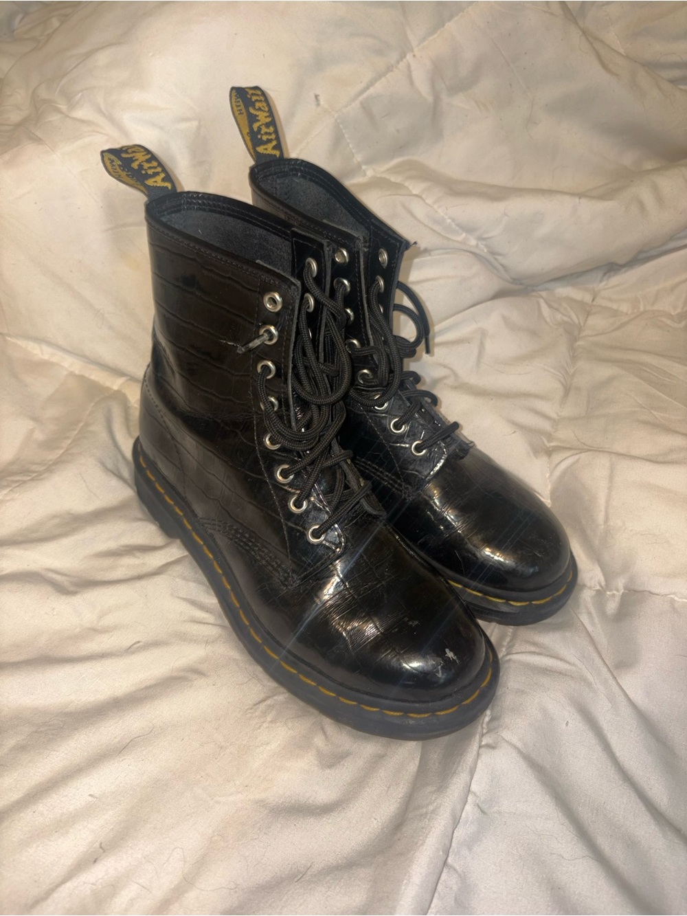Dr. Martens Black Croc-Embossed Lace-Up Platform Boots